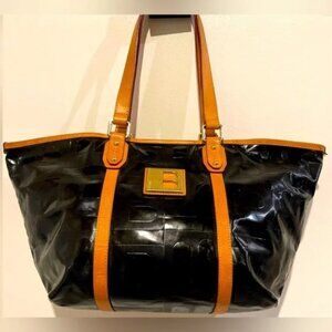 Bally black patent and tan leather handbag